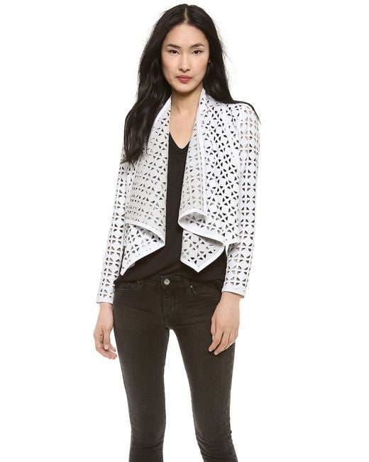 MILLY Laser Cut Leather Jacket White | Lyst
