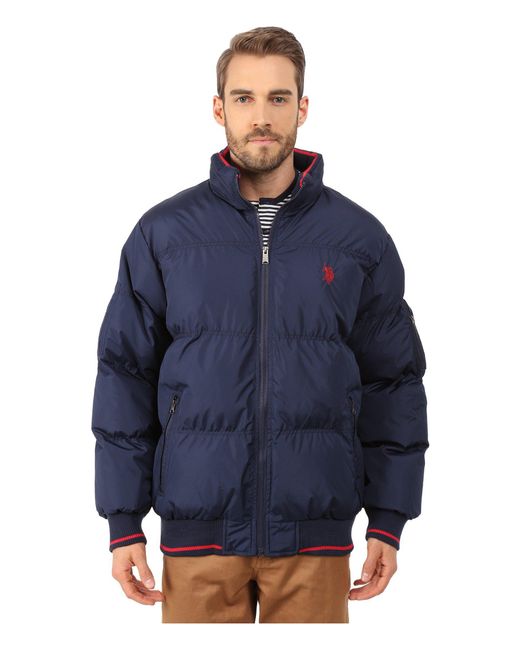 U.s. polo assn. Puffer Jacket With Striped Rib Knit Collar in Blue for ...