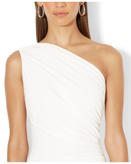 Lauren by Ralph Lauren White One-Shoulder Ruched Gown