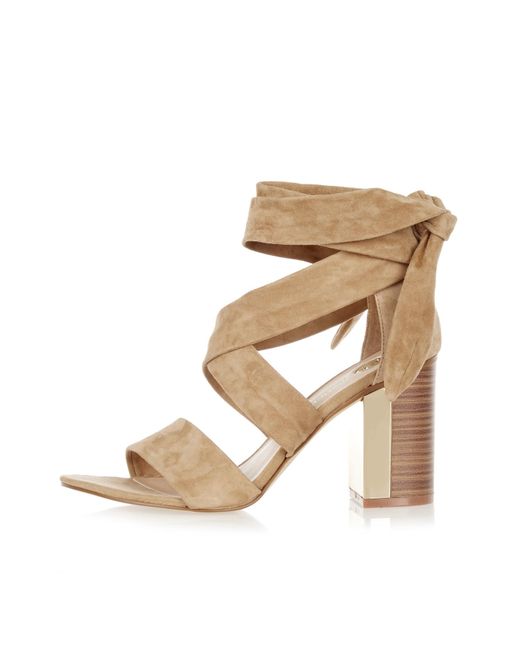 River Island Camel Suede Wrap Block Mid Heel Sandals in Brown | Lyst