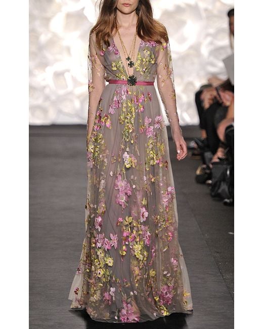 Naeem Khan Multicolor Floral Embroidered Long Sleeve Gown