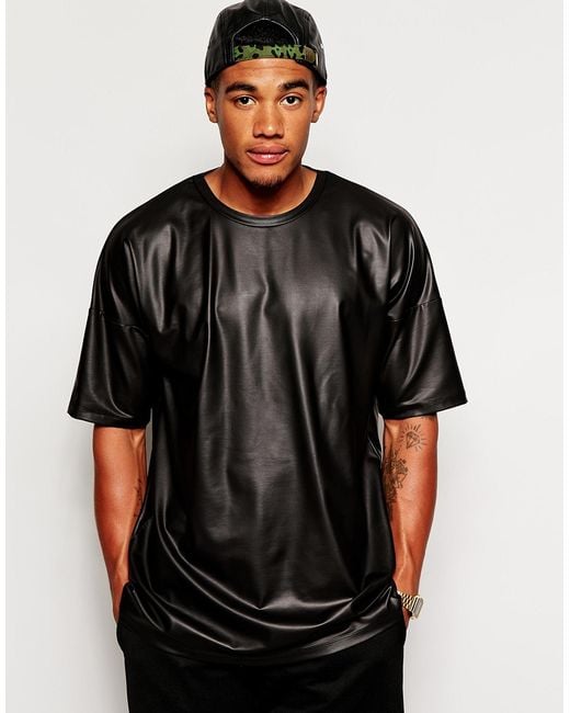ASOS Black Oversized T-shirt In Leather Look Jersey for men