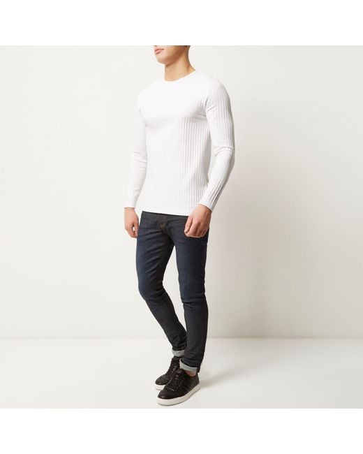 River Island White Chunky Ribbed Long Sleeve Top for men