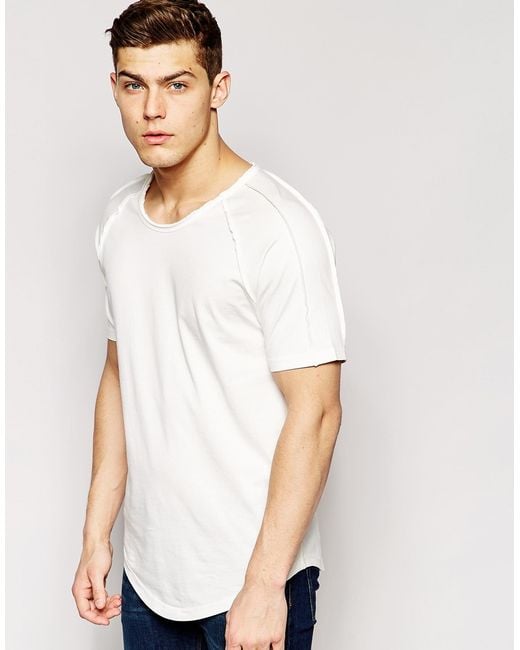 Only & Sons Longline T-Shirt With Raw Edge And Curved Hem in White for Men