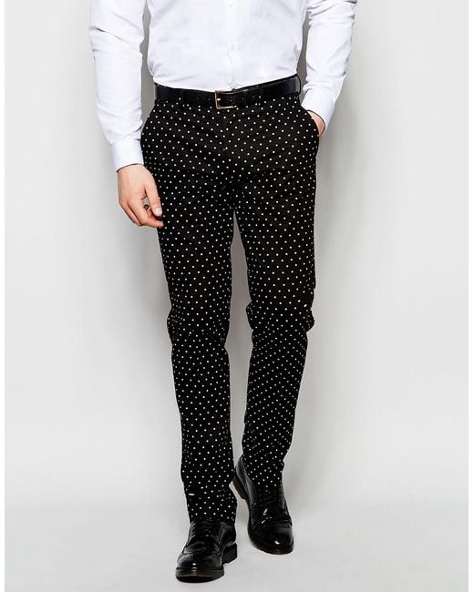 Vito Black Polka Dot Suit Trousers In Skinny Fit for men