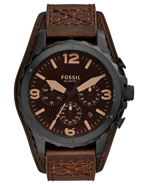 Fossil Men's Chronograph Nate Dark Brown Leather Strap Watch 46mm Jr1511 for men