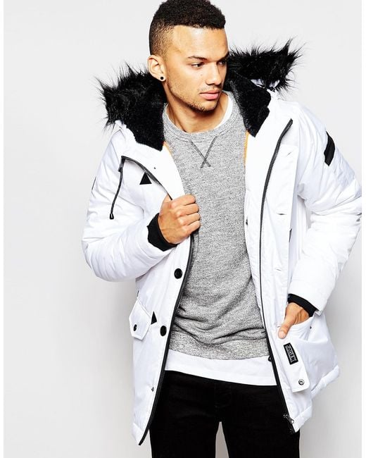 D-Struct White Coulton Faux Fur Trimmed Parka Jacket for men
