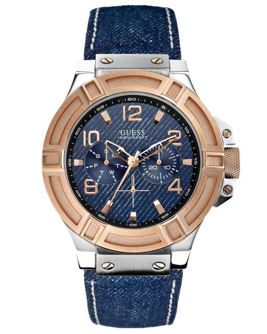 Guess Men'S Blue Denim Leather Strap Watch 46Mm U0040G6 for Men | Lyst