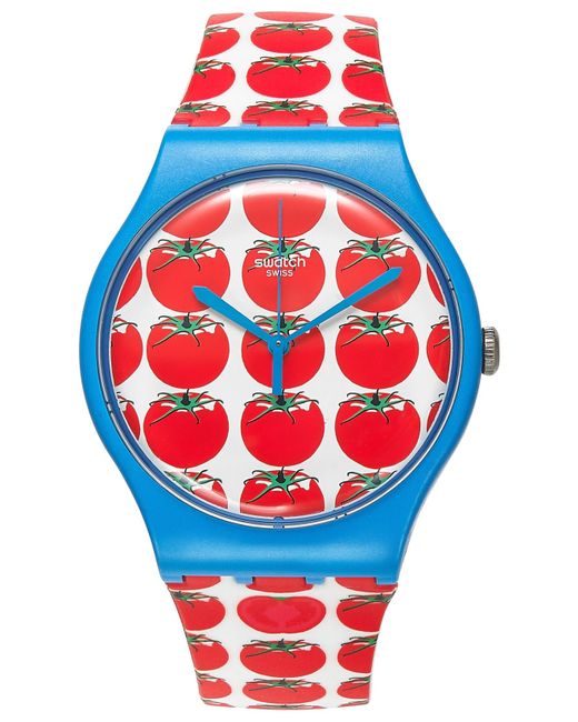 Swatch Unisex Swiss Tomatella Tomato Print White Silicone Strap Watch 41mm Suos102
