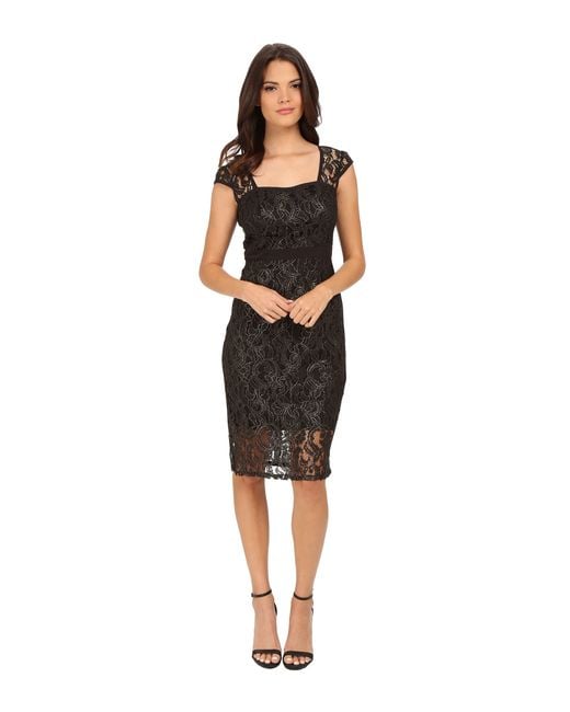 Adrianna Papell Metallic Lace Sheath Dress With Cap Sleeve in Black/Gold  (Black) | Lyst