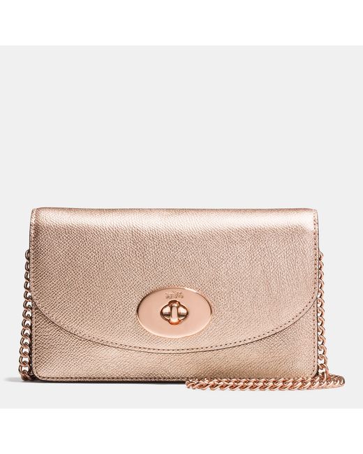 COACH Clutch Wallet With Chain In Metallic Crossgrain Leather in Pink | Lyst