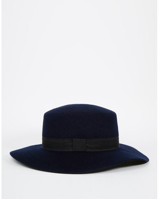 Asos Flat Top Hat In Navy Felt With Wide Brim in Blue for Men (Navy) Lyst