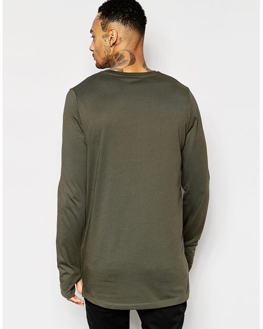 ASOS Green Longline Long Sleeve T-shirts With Thumbholes In Khaki for men