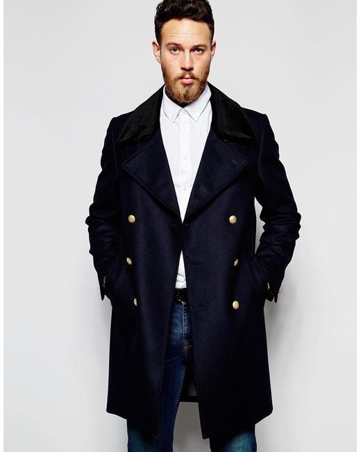 Heart & Dagger Black Wool Double Breasted Overcoat With Gold Buttons for men