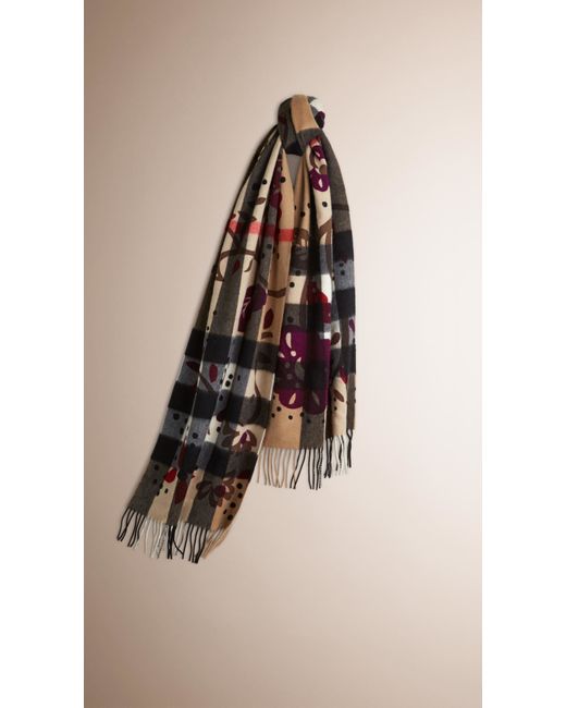 Burberry Pink Floral Print Check Cashmere Scarf