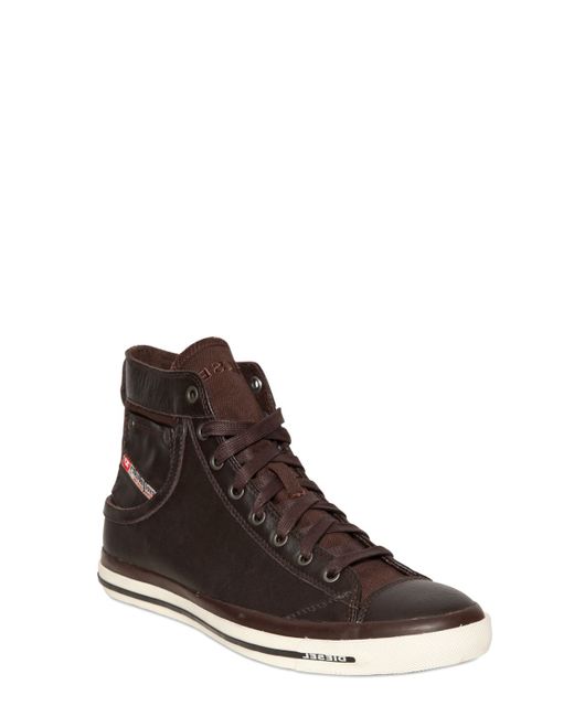 DIESEL Brown Leather High Top Sneakers for men