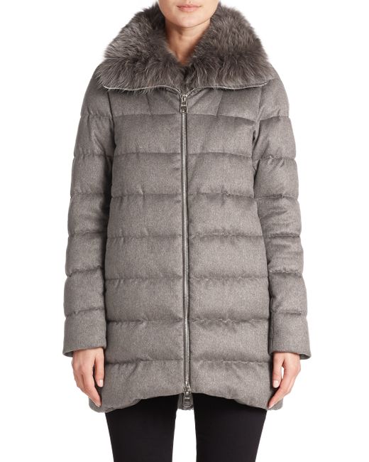 Herno Fur-collar Silk & Cashmere Coat in Gray | Lyst