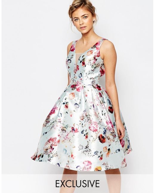 Chi Chi London Plunge Skater Dress In Floral Print in Blue | Lyst Canada
