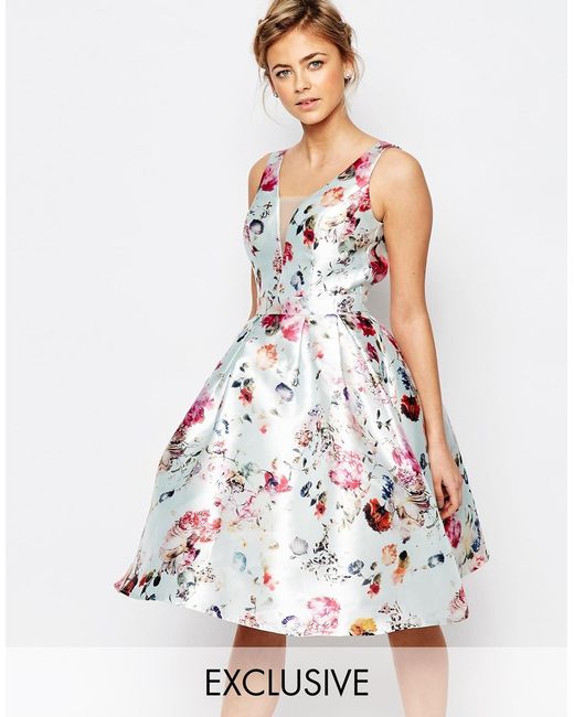 Chi Chi London Blue Plunge Skater Dress In Floral Print