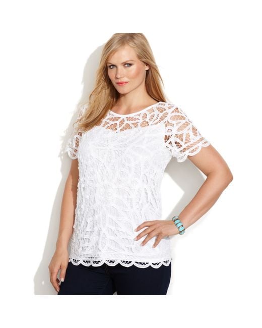 INC International Concepts White Plus Size Shortsleeve Lace Top