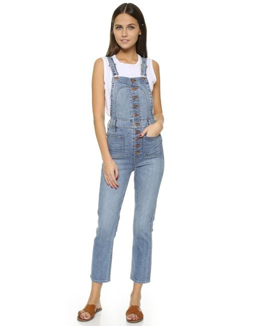 Madewell Blue Cropped Overalls With Button Front
