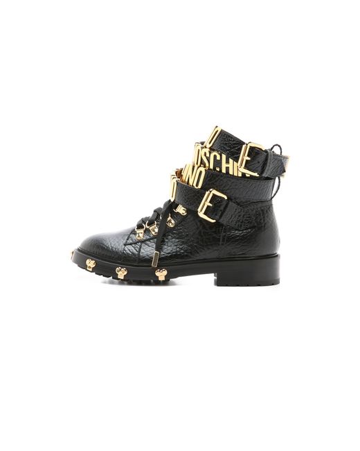 Moschino Black Ankle-Strap Leather Combat Boots