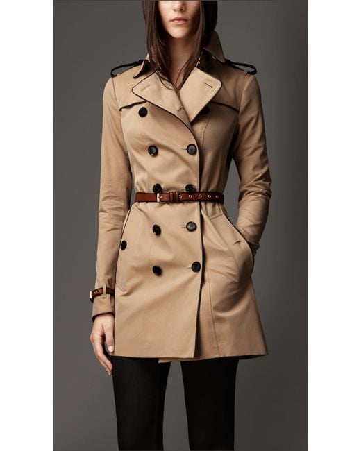 Burberry Natural Mid-Length Leather Trim Trench Coat