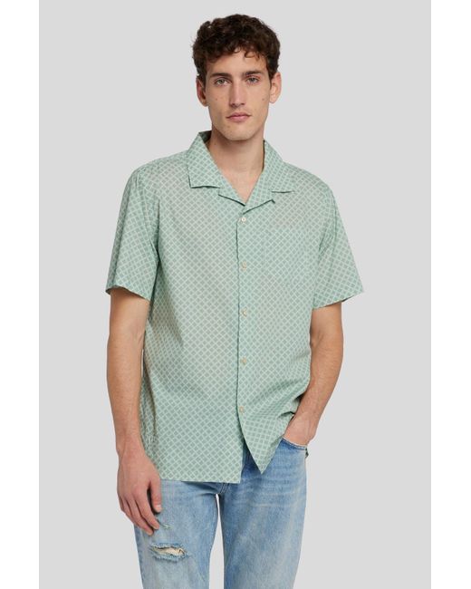 7 For All Mankind Green Camp Collar Shirt Geometric Celadon for men