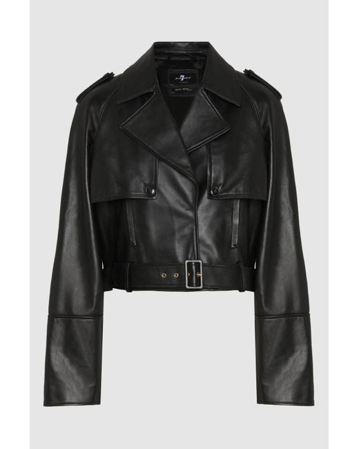 7 For All Mankind Crop Biker Jacket Real Leather Black