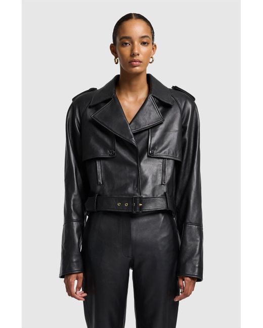 7 For All Mankind Crop Biker Jacket Real Leather Black