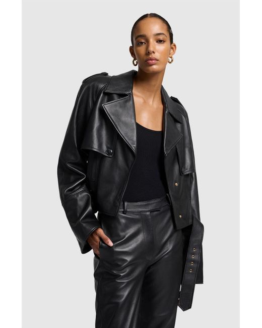 7 For All Mankind Crop Biker Jacket Real Leather Black