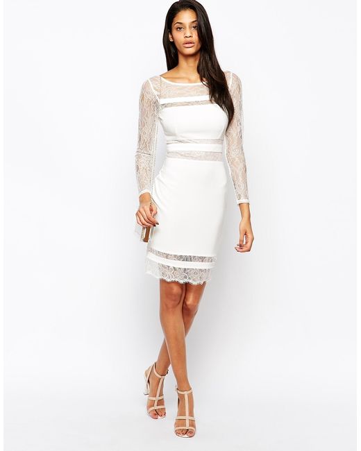 Lipsy Michelle Keegan Loves Nude Lace Panel Bodycon Dress in White | Lyst
