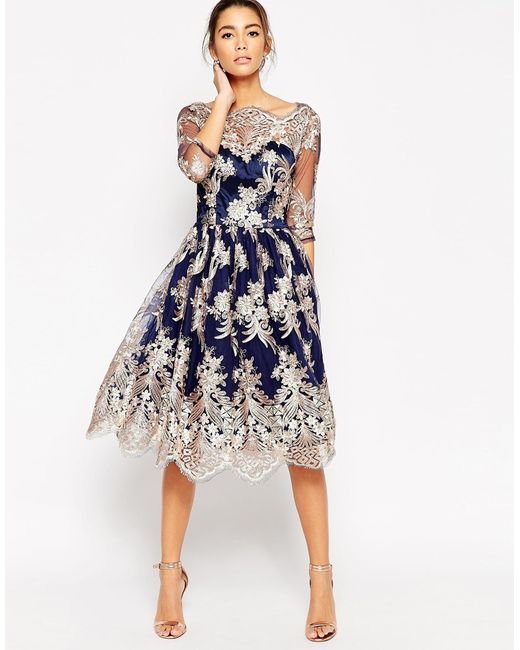 Chi Chi London Blue Premium Lace Midi Prom Dress With Bardot Neck