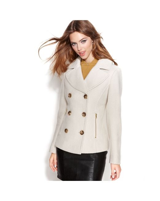 Guess Coat Double breasted Textured Pea Coat in White | Lyst
