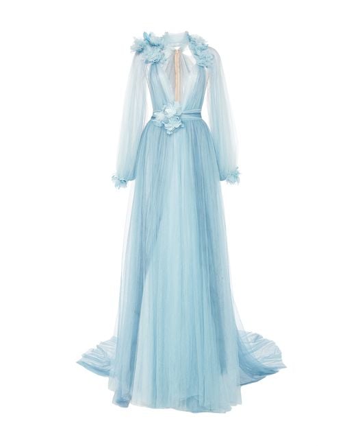 Marchesa Blue Tulle Grecian Gown With Billowing Sleeves