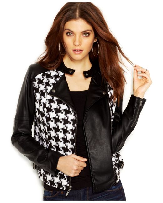 Guess Black Long-Sleeve Faux-Leather Houndstooth Moto Jacket