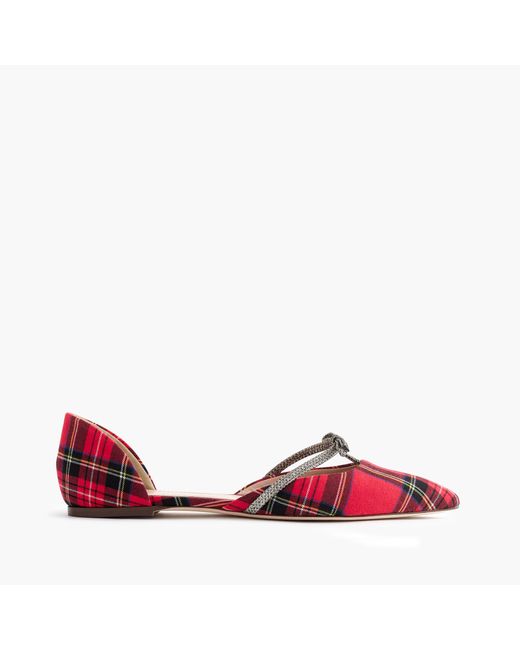 J.Crew Red Sloan Plaid D'orsay Flats With Mini Bow
