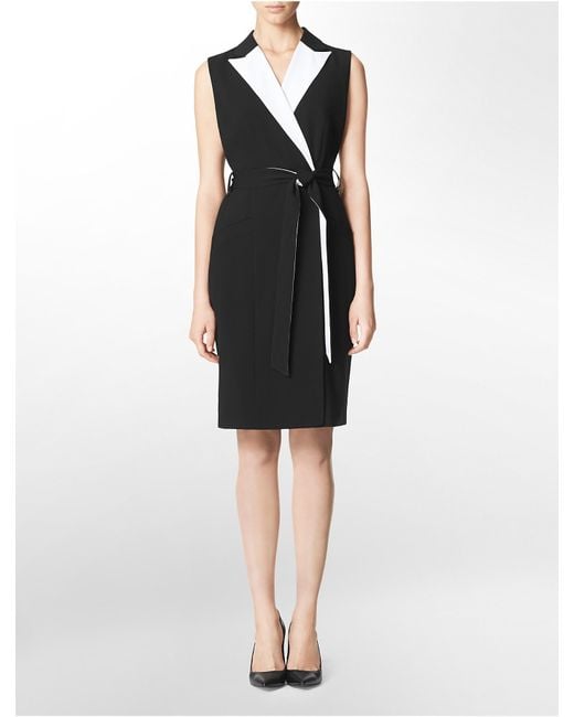 Calvin Klein Black White Label Colorblock Faux Wrap Belted Sleeveless Shirt Dress