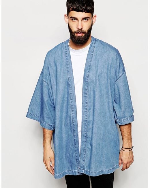 ASOS Denim Kimono Jacket in Blue for Men | Lyst