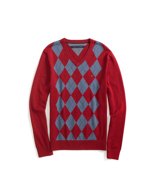 Tommy hilfiger Classic Argyle V-neck Sweater in Red for Men (MILL RED ...