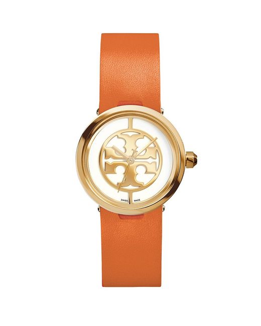 Tory Burch Metallic Reva Watch, Orange Leather/gold-tone, 28 Mm