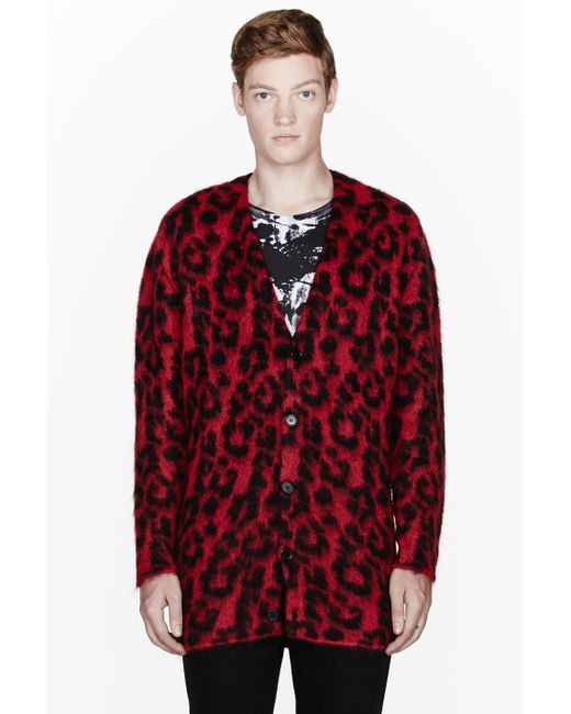 Saint Laurent Red Leopard Print Mohair Cardigan for Men Lyst
