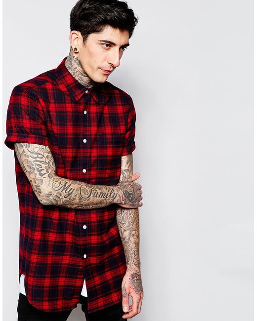 ASOS Red Check Shirt In Flannel With Short Sleeve Longline for men