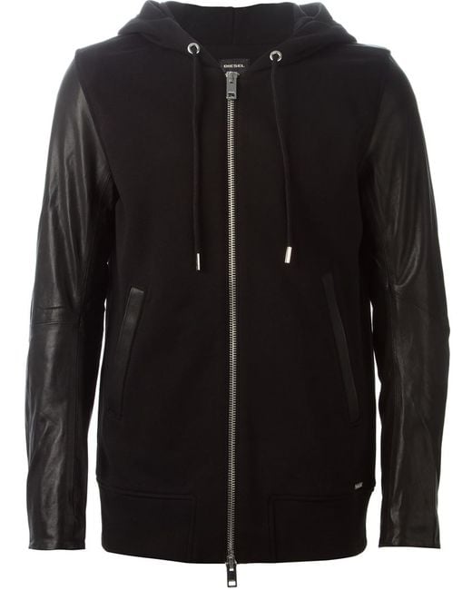 DIESEL Leather Sleeve Zipped Hoodie in Black for Men | Lyst