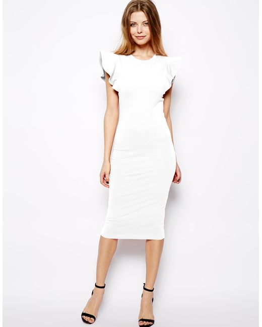 ASOS White Bodycon Dress With Structured Ruffle Sleeve