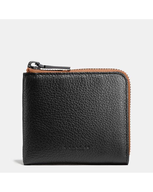 COACH Black Half Zip Wallet In Pebble Leather for men