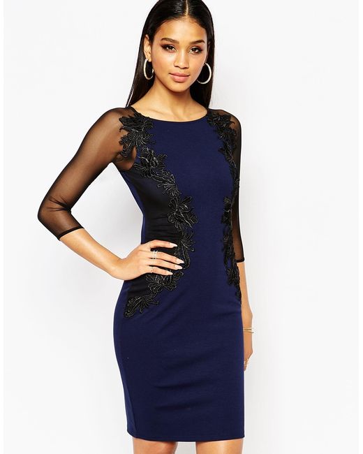 Lipsy Blue Lace Applique Bodycon Dress With Sheer Sleeve
