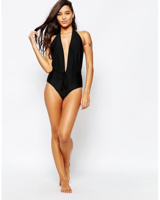 Missguided Plunge Halter Neck Swimsuit in Black Lyst