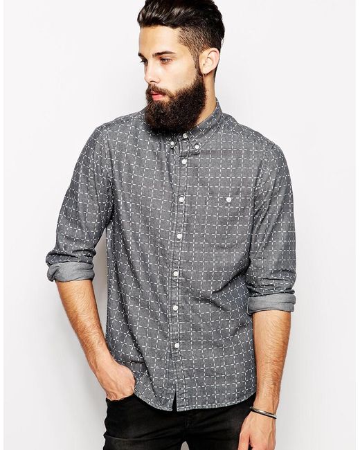 Asos Denim Shirt In Long Sleeve With Grid Check in Black for Men | Lyst