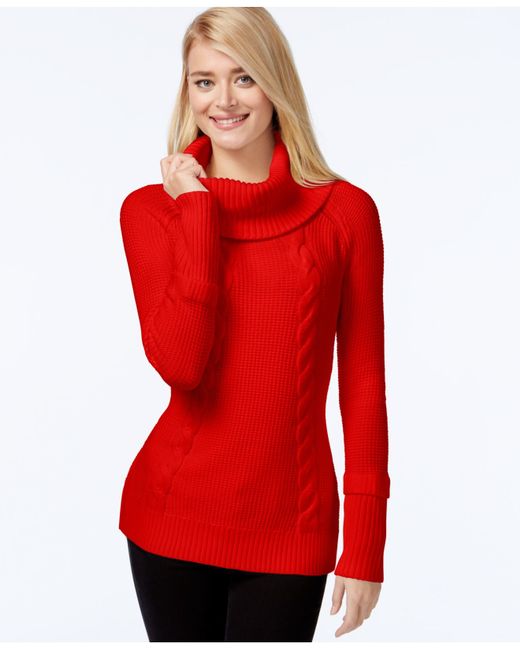 Calvin klein Cowl-neck Cable-knit Sweater in Red (Rouge) | Lyst